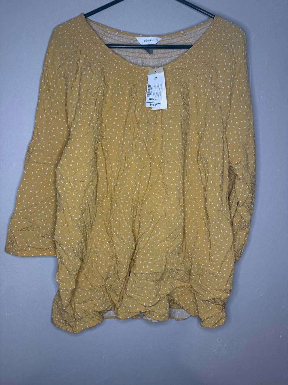 CJ Banks Mustard Yellow Polka Dot Smocked Neck Blouse 2X